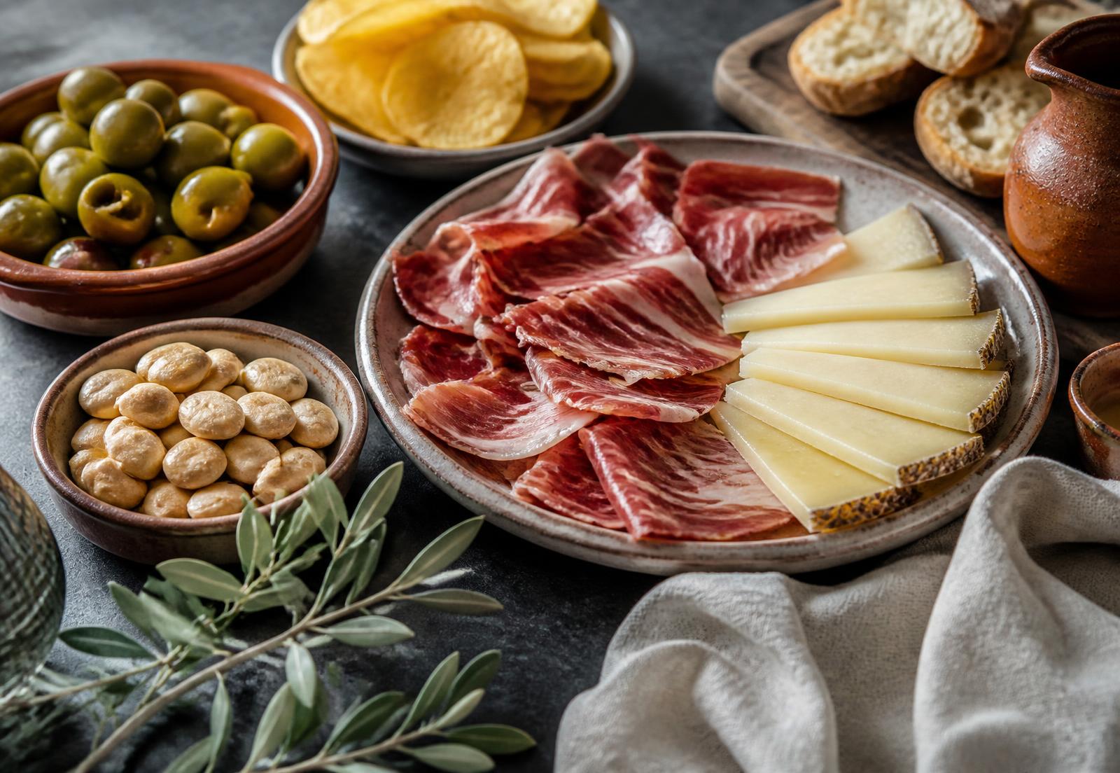 Tabla gourmet con aceitunas, quesos, jamón ibérico y frutos secos